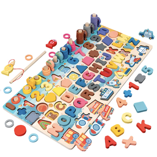 A Montessori-inspired wooden activity board with colorful alphabet, number, shapes, and other matching games.