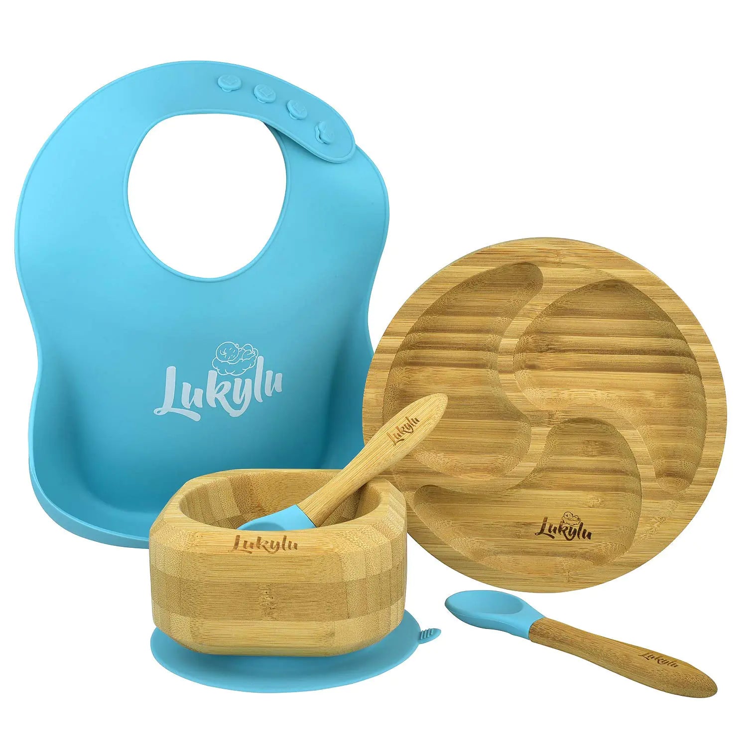 Lukylu-Suction Plates for Baby -5pc Set- Bamboo Baby Dish Set -Bamboo Baby Bowl-Bamboo Baby Plate -Bamboo Kids Plates -Baby Plates for Kids- Bamboo Toddler Plates-Training Plate- Blue