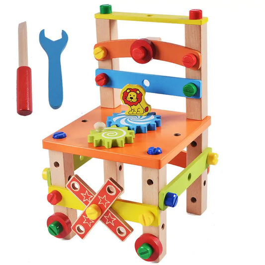 Montessori Chair Wooden-build chair with 50 colorful pieces, including screwdriver and wrench.