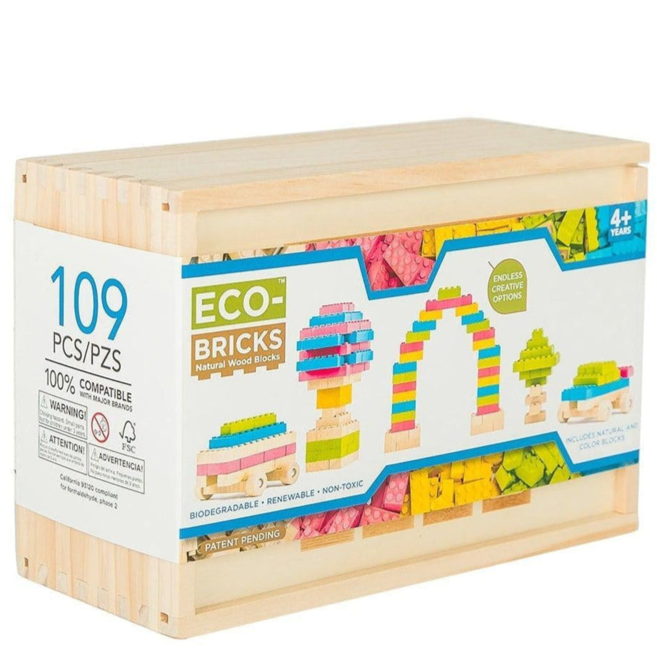 109 piece set of wood blocks for crafts. Assorted colors as well as natural wood. Stacking and interlocking Blocks