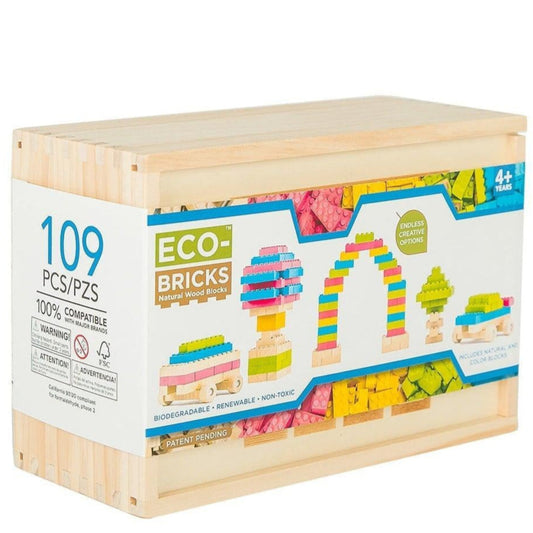 109 piece set of wood blocks for crafts. Assorted colors as well as natural wood. Stacking and interlocking Blocks