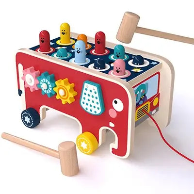 Montessori Wooden Hammer Toy with 10 colorful hammering pegs, xylophone, and elephant body.