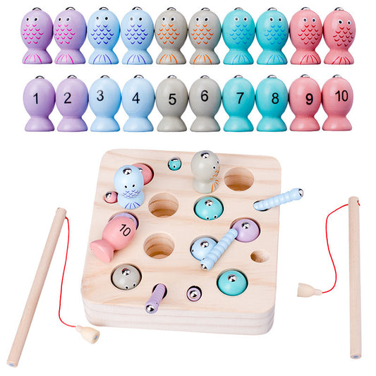 A Montessori-inspired wood toy for kids. This magnetic connector fishing game is beautifully made with pine wood, 10 fish, six worms, and 1 fishing pole. 