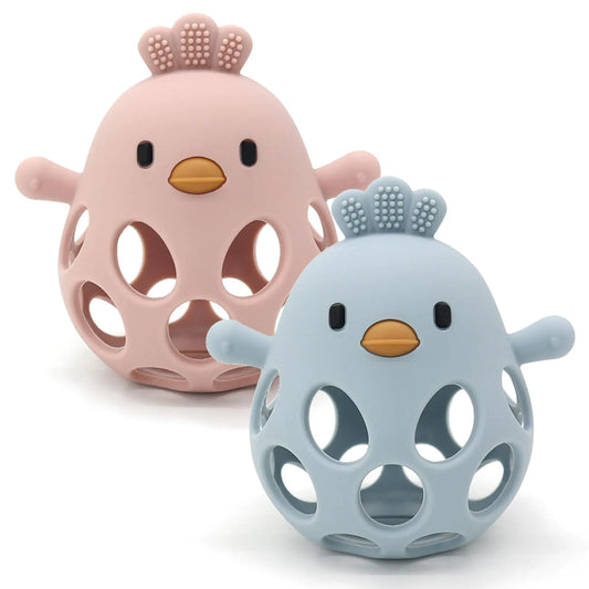 BPA-free baby teether, hollow chicken-shaped design. One pink and one blue with multiple points for teething