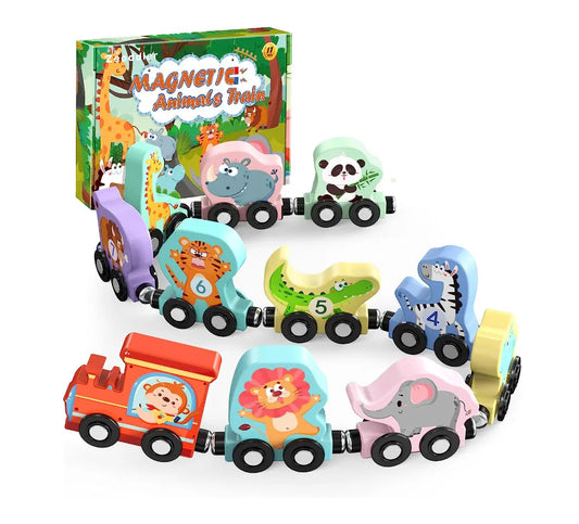 Eleven piece wooden toy train set. Assorted colorful jungle animal train carts with magnetic connections. 