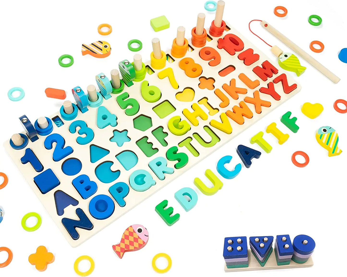 Wooden Puzzle for Kids with color-coded letters, numbers, shapes, and rings. Included is a magnetic fishing game. All in one on a wooden activity board.