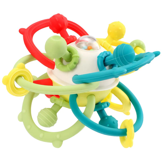 A colorful and textured food-grade silicone pacifier and teething toy.