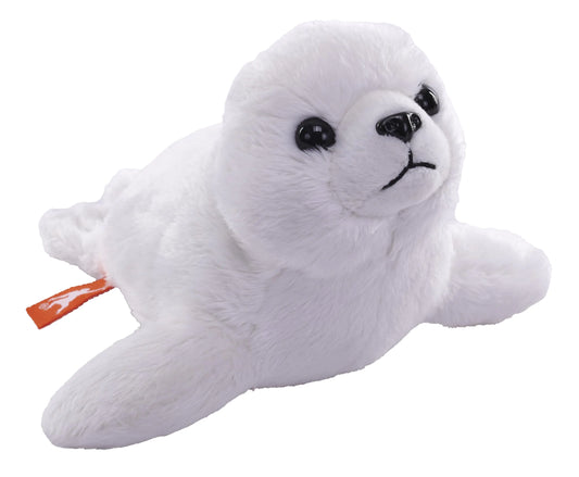 Harp seal mini plush toy animal with a white body and black eyes, nose, and lined lips.