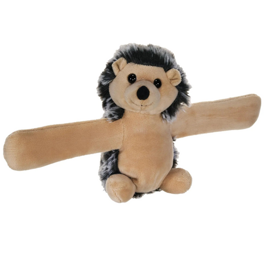 Recycled Hedgehog plush toy with black and white quills, a brown underbelly, and black eyes and nose.