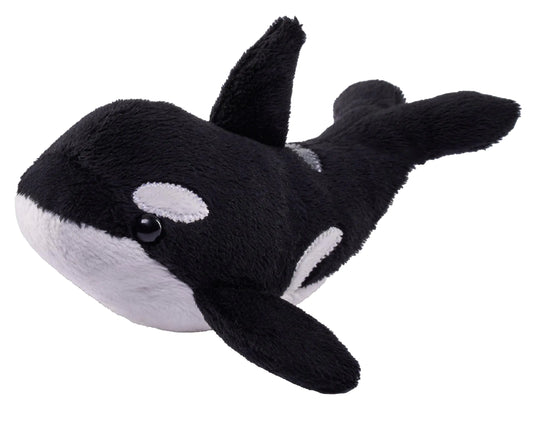 Recycled orca stuffed animal in the black and white pattern of the orca.