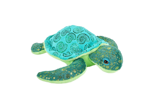 A recycled green plush sea turtle toy with gold flakes and different shades of green.