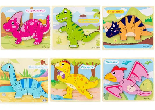 Dinosaur children's puzzles. There are 11 different puzzles made of wood and features a new colorful dinosaur and secene for each set.