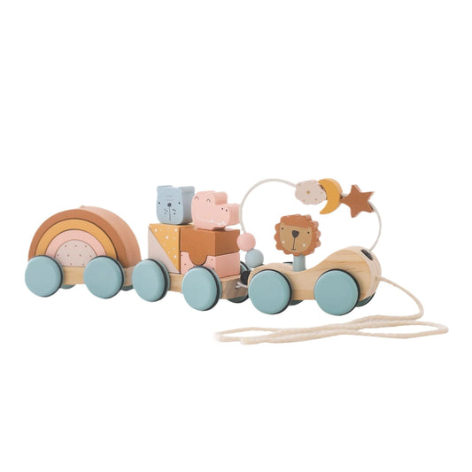 Childrens toy train set with beaded maze cart, building block cart, and rainbow builder cart.