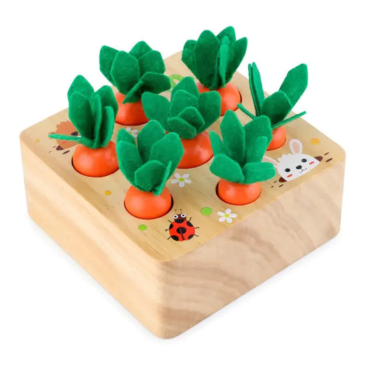Montessori-inspired wooden playtime food set with a wooden base, colorful bugs, floral and rodent stickers, and seven assorted carrots that can be pulled out.