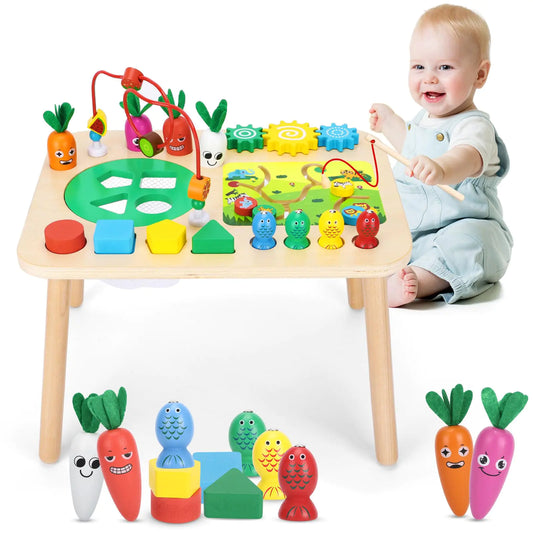 Wooden children's activity table with 7-in-1 learning activities