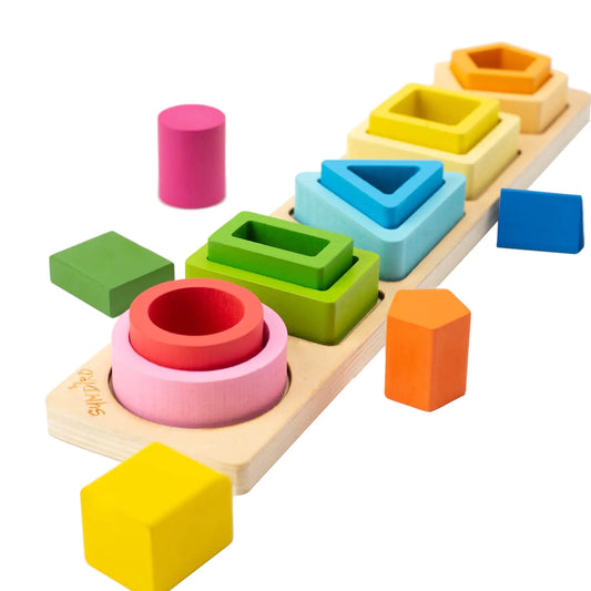 A wooden base with pegs, and five colorful shapes to sort and stack.