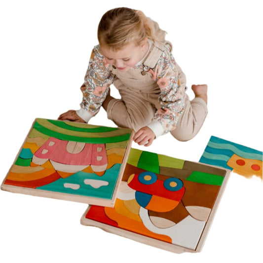 A beautifully colored scenic view with a toy car. This puzzle has large pieces and is the perfect wooden puzzle for preschoolers.